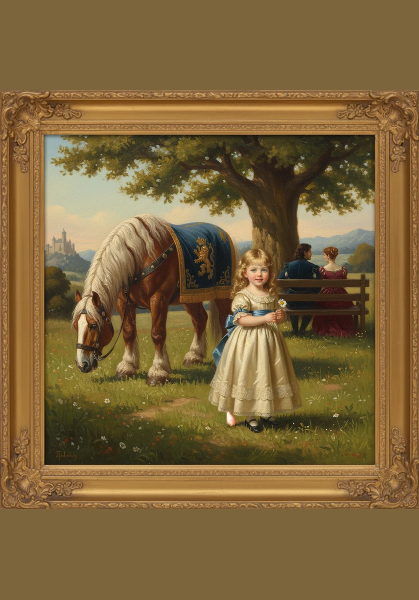 Seeing the stable gate ajar, Lily giggles and wiggles through a patch of squishy mud. She leaves a trail of messy footprints as she sneaks toward the big, gentle horse grazing in the sun.