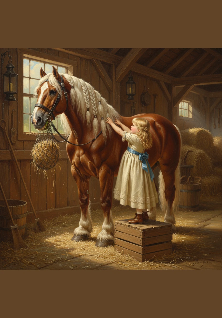 Determined to ride like a pro, Lily stacks three wobbly hay bales to reach Barnaby's side. She isn't quite tall enough yet, so she decides to let her stuffed bunny take the first ride on the horse's back instead.