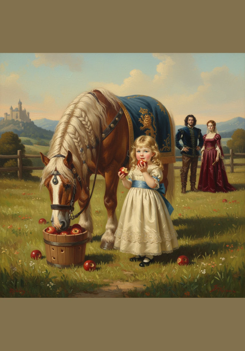 Lily discovers a bucket of crisp red apples meant for Barnaby’s snack. She thinks they look delicious and takes a tiny, crunching bite out of every single one before sharing them with her patient horse friend.