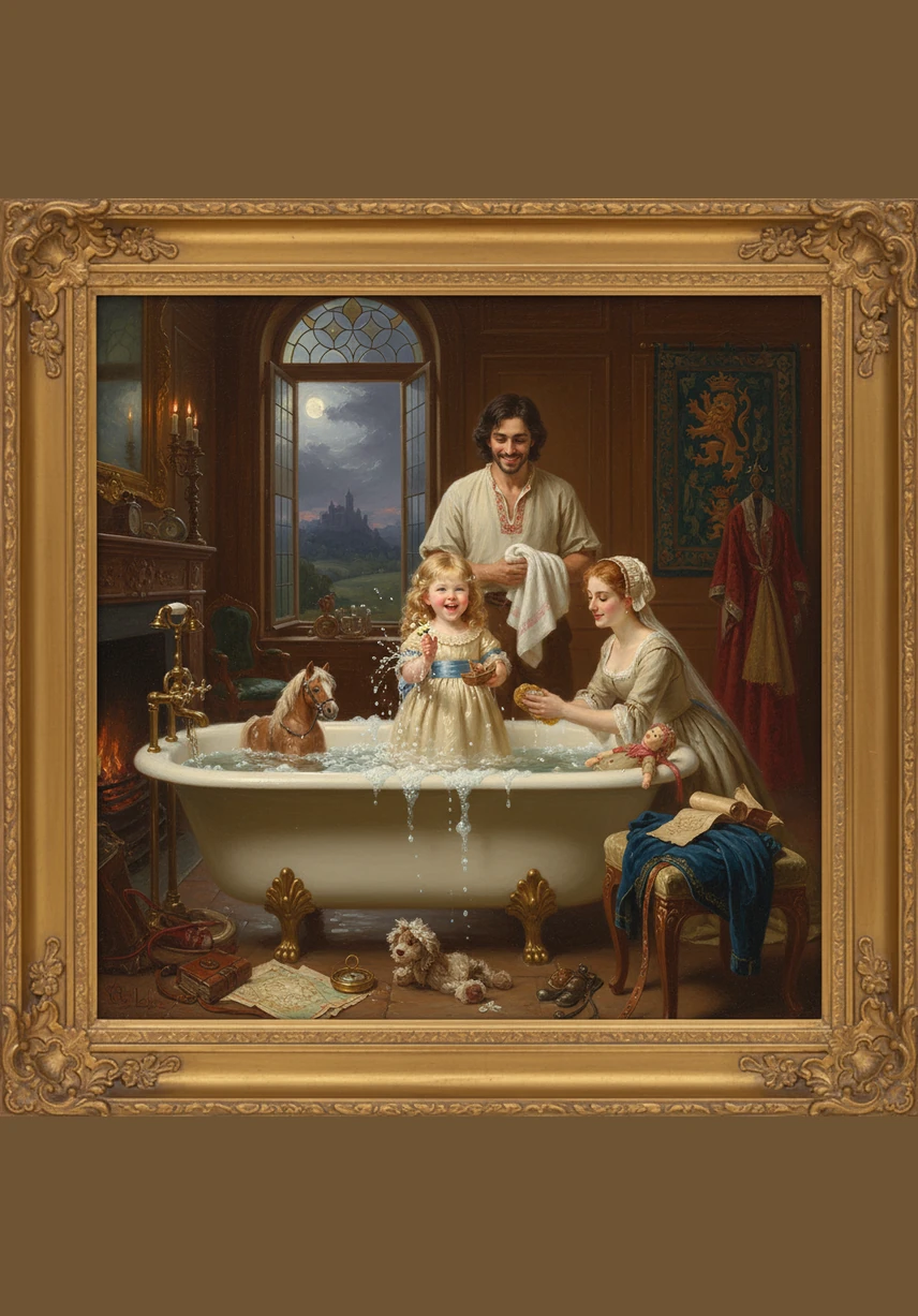 The adventure ends with a splashy bath to wash away the mud and straw from Lily's toes. She plays with her rubber horse toy in the bubbles, recounting her big day with happy babbles and splashes.