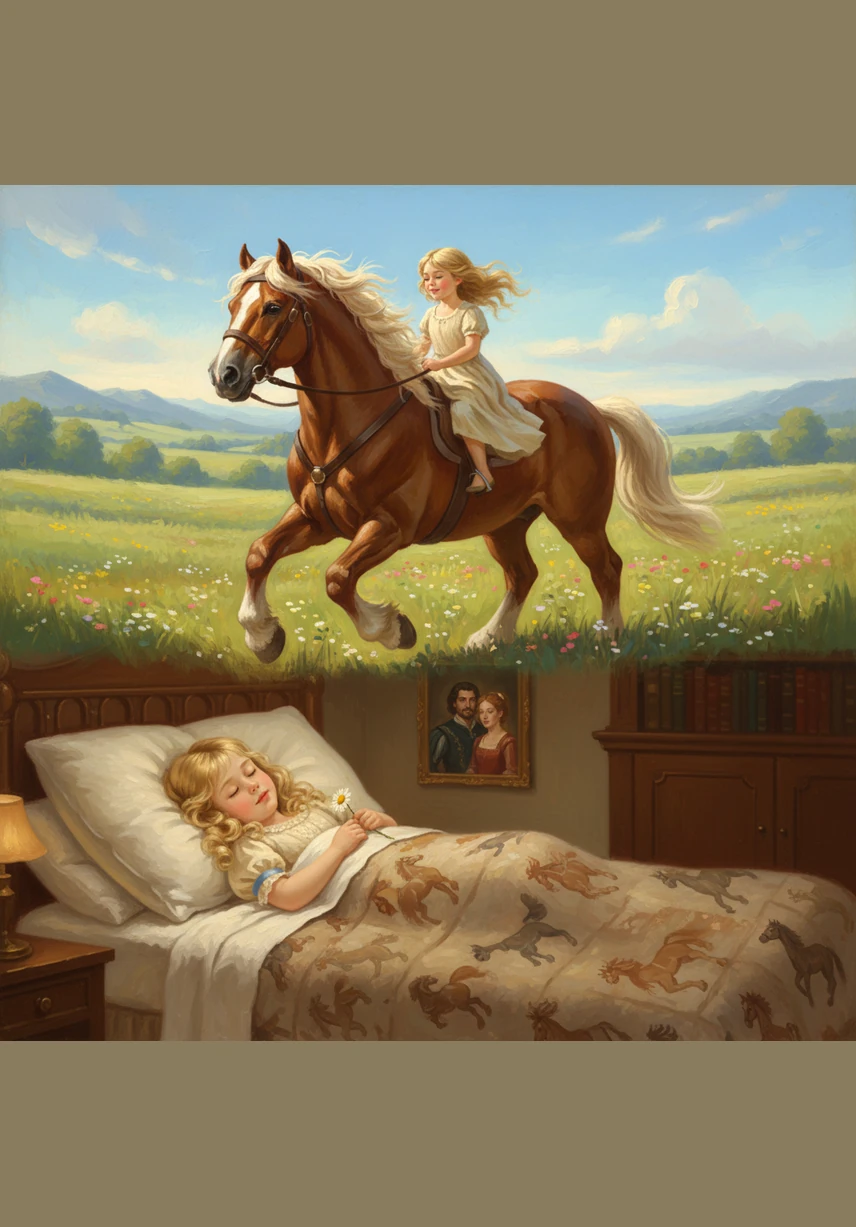 Tucked safely under her cozy horse-print blanket, Lily finally closes her eyes for the night. She falls fast asleep, dreaming of sunny fields and galloping through the grass with Barnaby by her side.