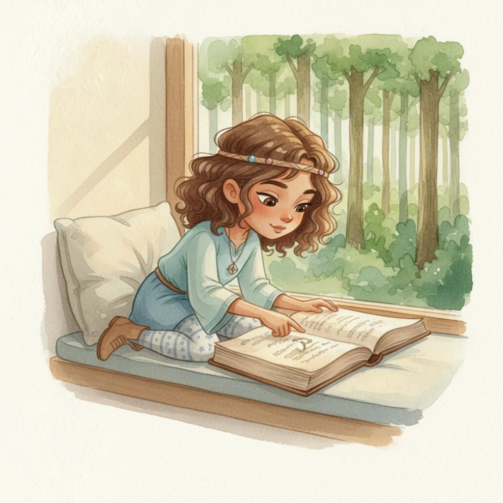 Sıla, a curious girl with long dark wavy hair and thin black-framed glasses, sits on a sun-drenched window seat, gazing at the lush green forest bordering her backyard. She holds a worn storybook, dreaming of adventures within the Whispering Woods. The light streaming through the window creates a soft glow around her.