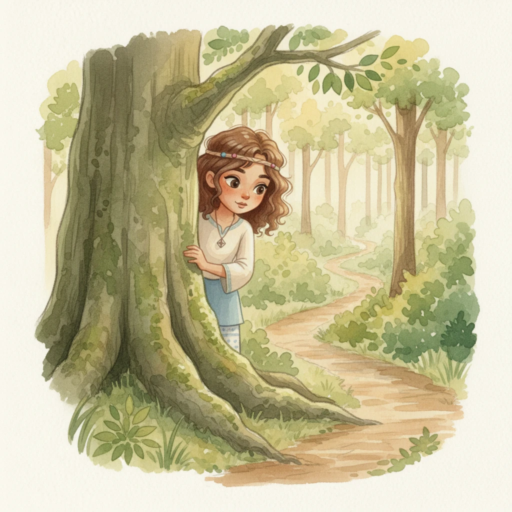 One sunny morning, Sıla, wearing her cream braid top and light blue jeans, decides to explore the edge of the Whispering Woods. She steps cautiously onto a winding path, her elegant posture still evident even as she peeks behind a large, moss-covered tree. Sunlight dapples through the leaves, creating a magical path.