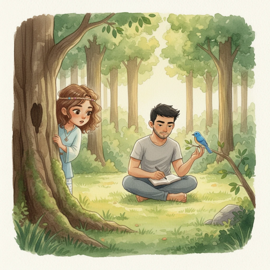 Deeper in the woods, Sıla stumbles upon a small, hidden clearing where a boy named Eren is sketching a vibrant bluebird. Eren has light brunette skin, short black hair, and a light beard, with strong but soft facial features. He wears a gray t-shirt, completely absorbed in his art, unaware of Sıla at first.