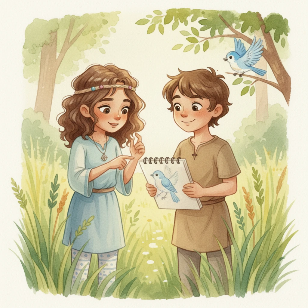 Sıla, with a smiling facial expression, approaches Eren shyly. She points to the bluebird in his sketch, her eyes wide with admiration. Eren looks up, surprised but with a gentle smile, happy to share his drawing with a new friend. The bluebird flits away from a nearby branch.