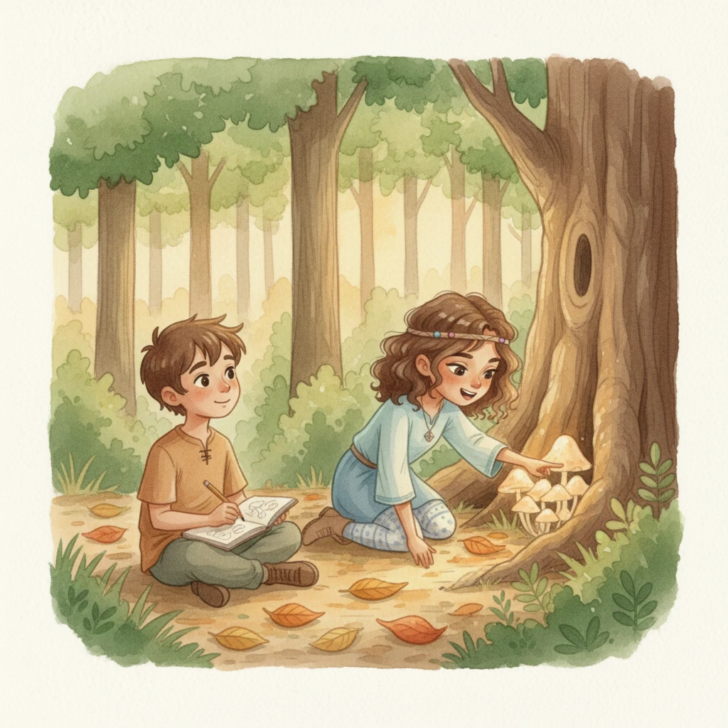 The two children spend the afternoon exploring together. Sıla, with her keen observations, points out interesting plants and insects, while Eren draws them in his sketchbook. They laugh as they discover a patch of glowing mushrooms, their friendship blooming amidst the forest's wonders.