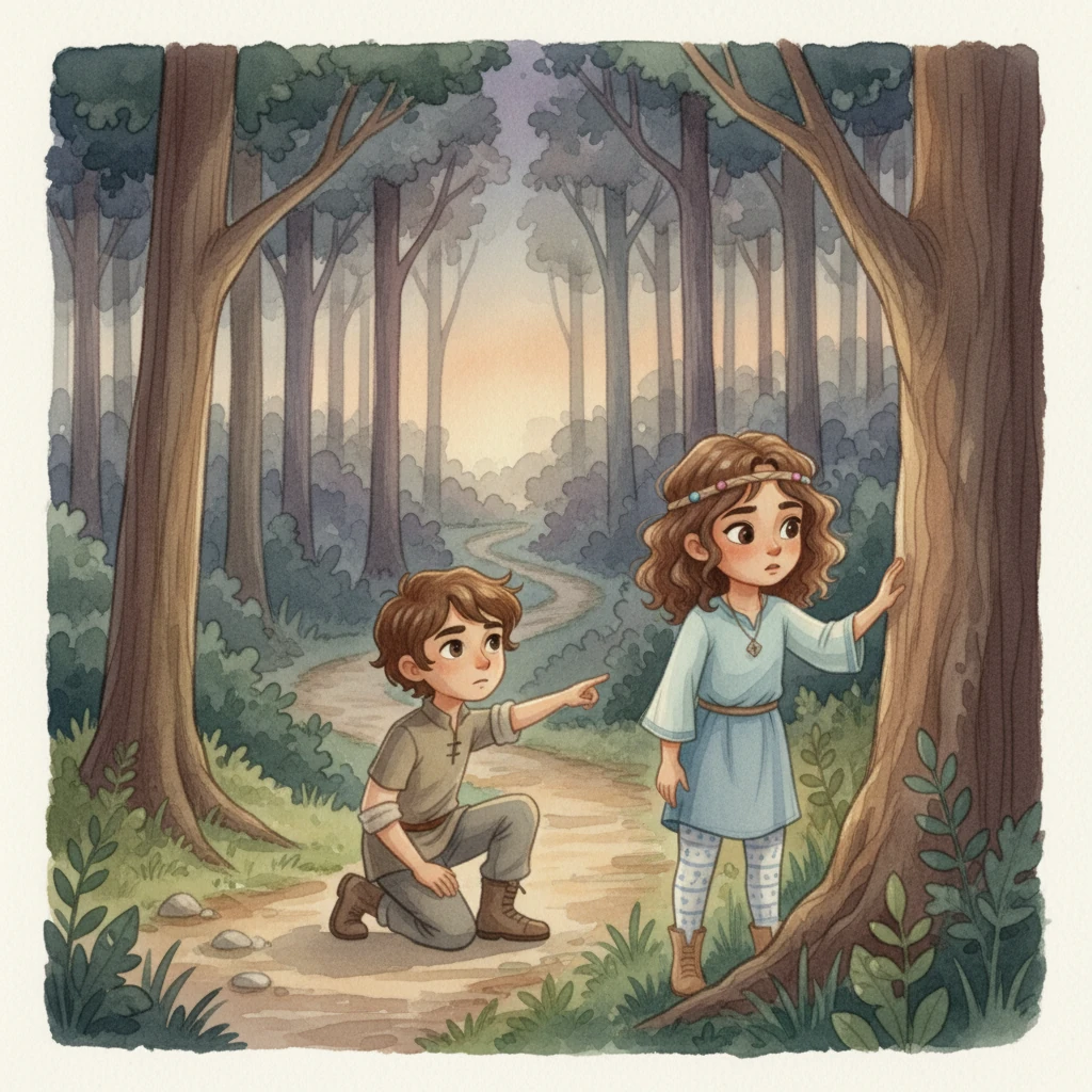 As dusk begins to settle, Sıla and Eren find themselves a little lost. The trees seem taller, and the path less clear. A slight worry creases Sıla's brow, but Eren, with his calm demeanor, studies his surroundings, trying to remember their way.