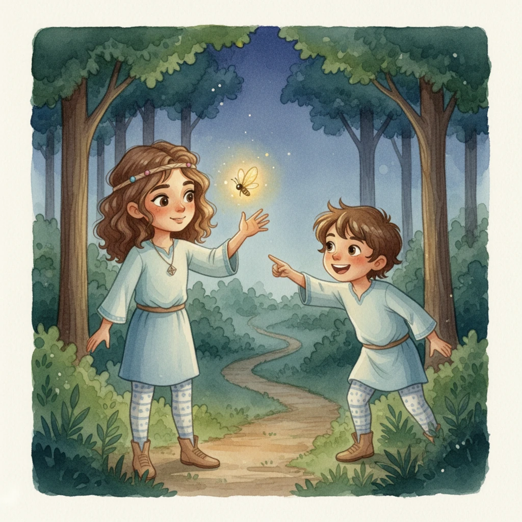 Suddenly, a tiny, glowing firefly appears, flickering gently. Sıla's eyes light up with hope, and Eren points towards it, suggesting they follow its guiding light. The firefly dances ahead, illuminating their path with a soft, magical glow.