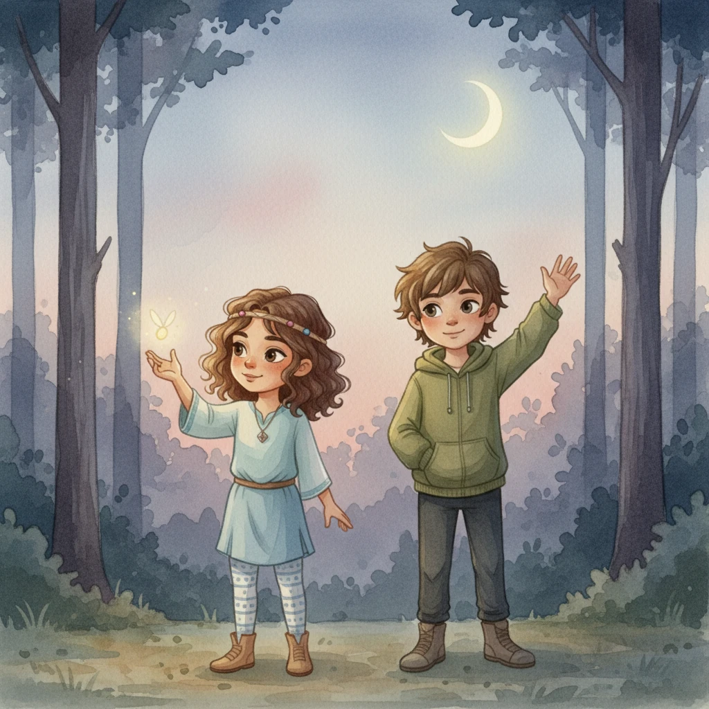 Sıla and Eren stand by the edge of the woods, waving goodbye as the moon begins to rise. They promise to explore again tomorrow, their bond of friendship strengthened by their shared adventure. The firefly gives one last flicker before disappearing into the night.