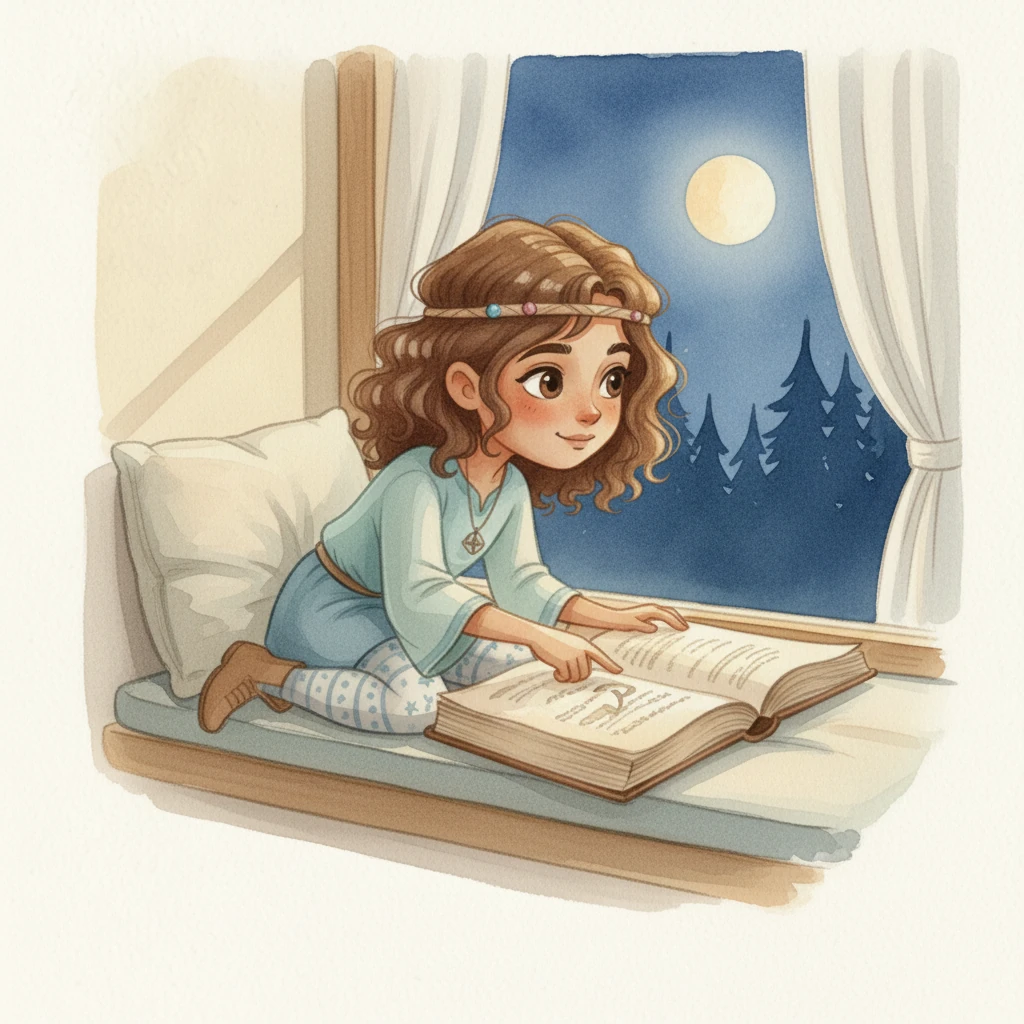 Back in her room, Sıla sits by the window, now looking out at the moonlit woods. She holds her storybook, but her mind is filled with the day's real adventure and her new friend. A contented smile plays on her lips, eager for more adventures with Eren.
