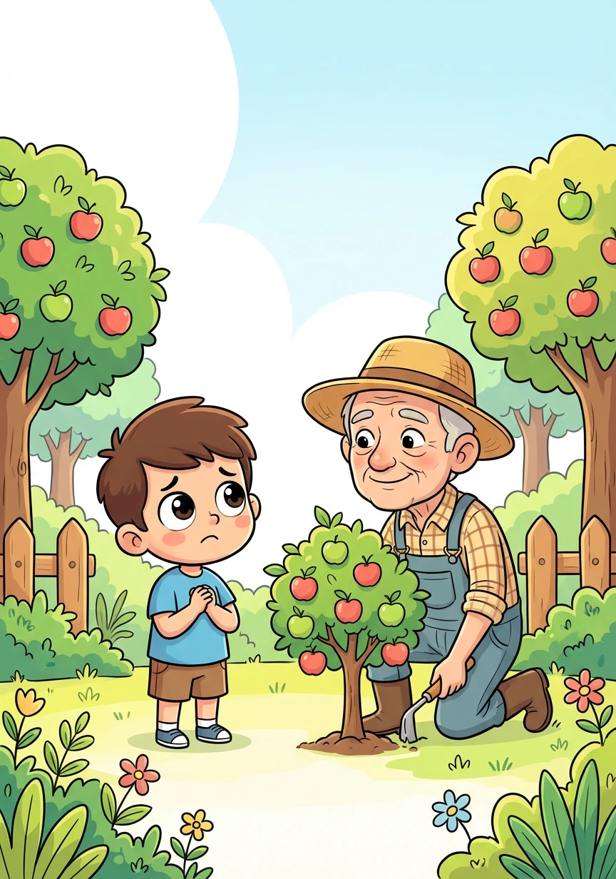 باغ میں اسے ایک بوڑھا آدمی ملا جو سیب کے درختوں کی دیکھ بھال کر رہا تھا۔ یوسف نے اس سے معافی مانگی اور اسے بتایا کہ اس نے غلطی سے اس کا سیب کھا لیا ہے۔