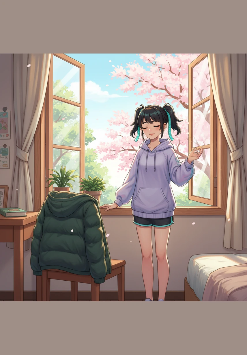 小暖推开窗户，发现风不再像冬天那样刺骨，而是像轻柔的羽毛拂过脸颊。她脱掉厚重的羽绒服，换上了轻便的卫衣，感觉到身体变得像小鸟一样轻盈。