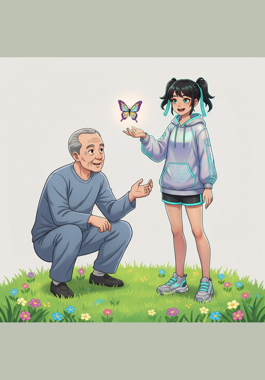 一只五彩斑斓的蝴蝶在花丛中翩翩起舞，引得小暖忍不住跟着它在草地上奔跑。蝴蝶忽高忽低，似乎在邀请小暖一起加入这场关于生命的盛大派对。