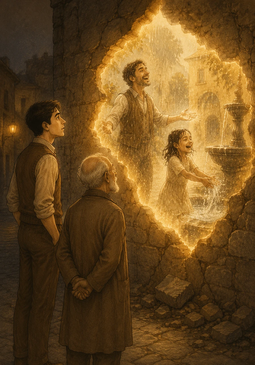 One evening, Adam stops before an ancient, crumbling wall and watches in awe as a soft, golden light begins to radiate from the cracks. Instead of shadows, he sees a vivid memory of a man laughing in the rain and a young girl playing by a fountain. He realizes that the city is not just showing him a picture, but a piece of a real, lived life.