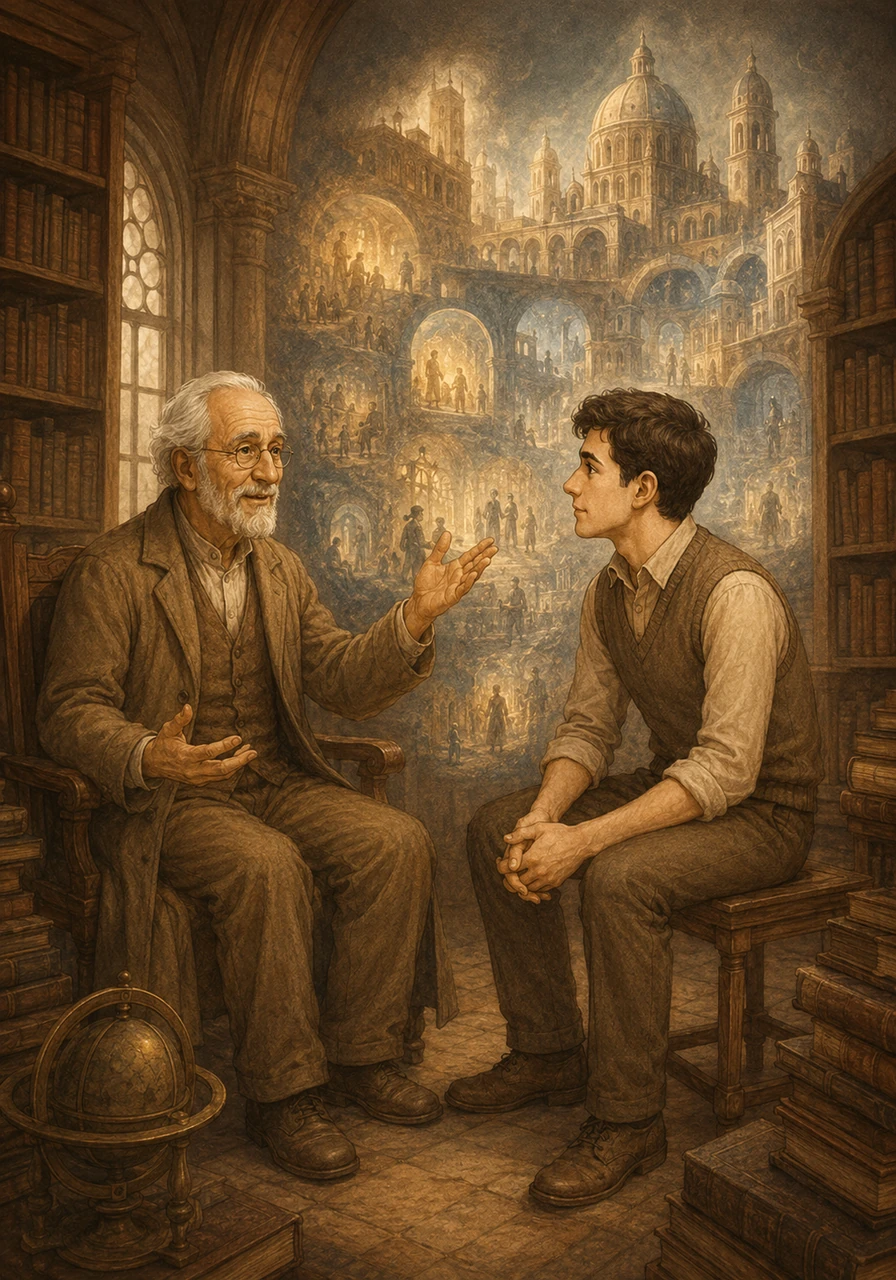 Adam visits Yusuf, the elderly head librarian who has lived in Aurelia for as long as anyone can remember. Yusuf explains that the city acts as a vessel for human emotion, preserving every joy and sorrow within its architecture. He tells Adam that every corner of the city has a story to tell, if only someone is willing to listen.