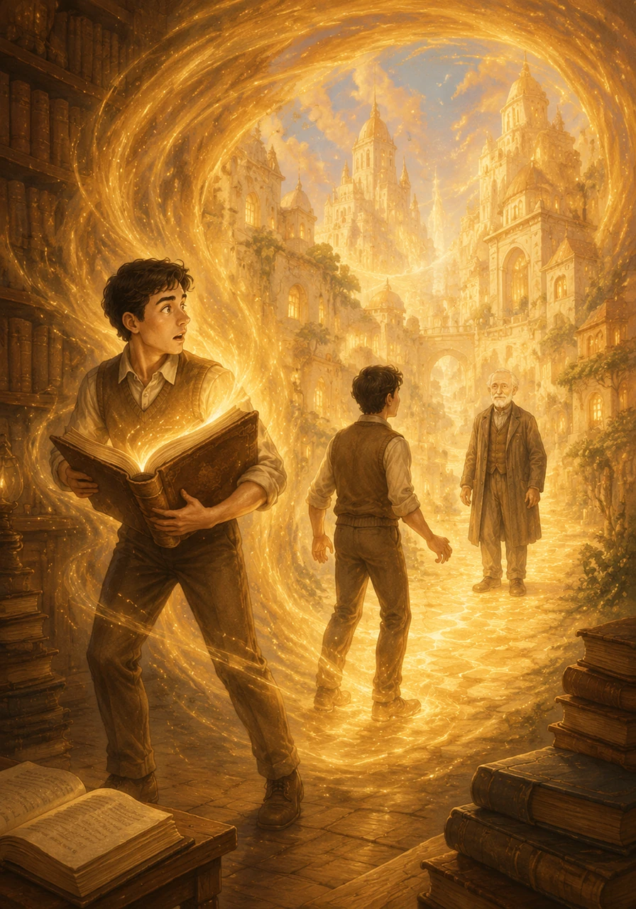 Seeking a way to save his home, Adam opens the Memory Book in the heart of the library and is suddenly pulled into a swirling vortex of light. He finds himself standing in a dreamlike version of Aurelia, where the buildings are made of whispers and the streets are paved with golden light. This is the city as it remembers itself, vibrant and full of soul.