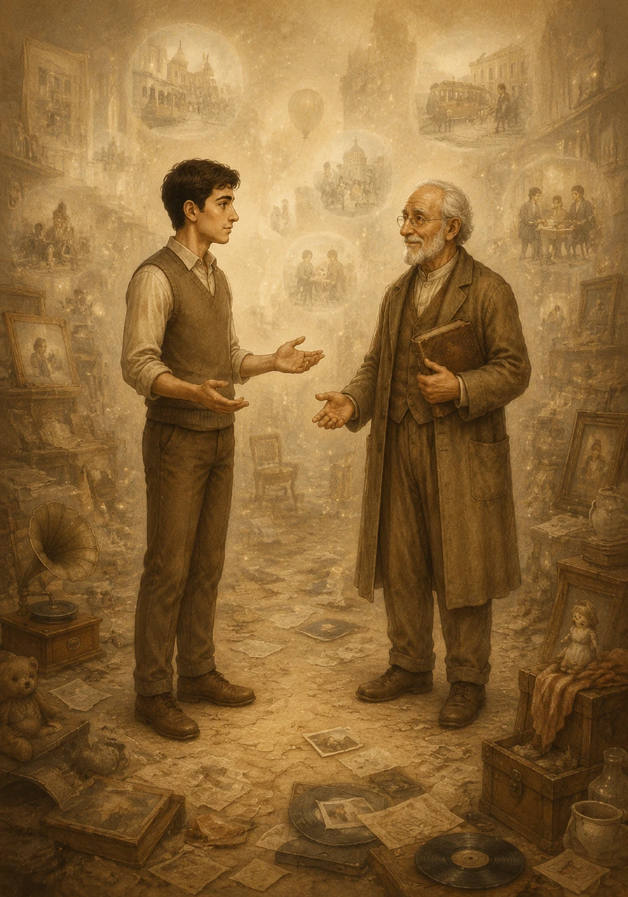 In this realm of echoes, Adam hears a soft voice asking why he has come to seek the things that have been cast aside. He explains that these memories are the heartbeat of the city and its people, and without them, they are lost. The voice replies that they do not truly disappear, but are merely set aside when people become too busy to notice them.