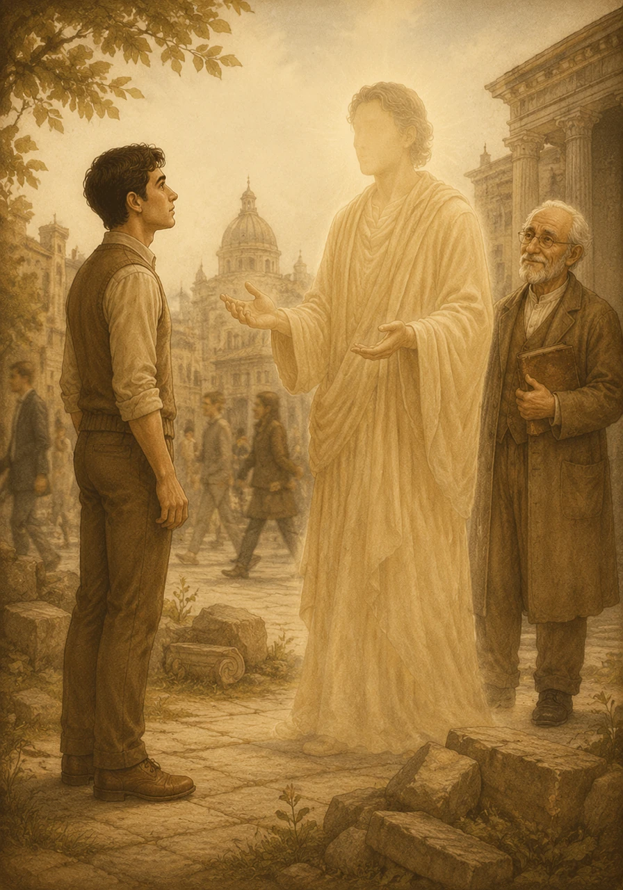 A faceless but gentle figure appears before Adam, explaining that the city is not preserved by its heavy stones, but by the simple act of paying attention. He warns that the rush of modern life causes people to look past the magic in the mundane, causing their history to wither. Adam realizes that to save Aurelia, he must teach the people how to see again.