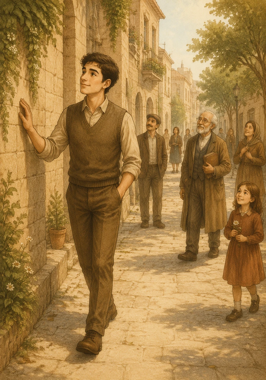 Adam wakes up back in the library with a newfound clarity and rushes out into the morning air. He begins to walk slowly, touching the walls and smiling at the small details of the city that he used to ignore. His quiet appreciation acts like a spark, and soon, other citizens begin to slow down, looking at the world with curiosity and warmth.