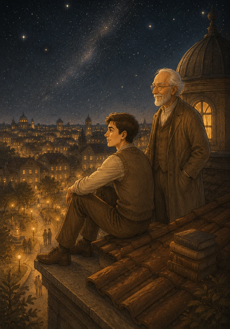As night falls, Adam sits peacefully on the roof of the library, looking out over a city that is finally at rest. The streets are filled with the soft glow of returning memories and the distant sound of happy laughter. Aurelia is no longer sleeping to forget its pain, but sleeping deeply to cherish its past, while the stars watch over them in silent approval.