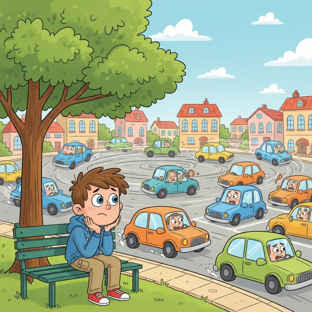 Jamville was a very busy town, full of colorful cars zooming this way and that. But oh dear, finding a parking spot was always a big, messy puzzle! Drivers would spin around in circles, their faces getting squigglier and squigglier with frustration. Popsy Parkington, a super-observant kid with bright, curious eyes, watched all the chaos from a sunny park bench.