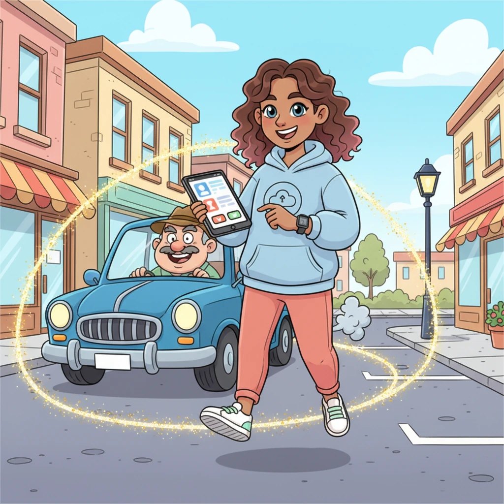 A grumpy Mr. Grumple, driving his big blue car, was circling for the tenth time, letting out puffs of smoke. Popsy skipped over, holding up the ParkWise Pal. "Don't worry, Mr. Grumple!" Popsy chirped. With a tap on the screen, a sparkly line appeared, leading straight to an empty spot just around the corner. Mr. Grumple's frown instantly flipped into a wide, happy smile.