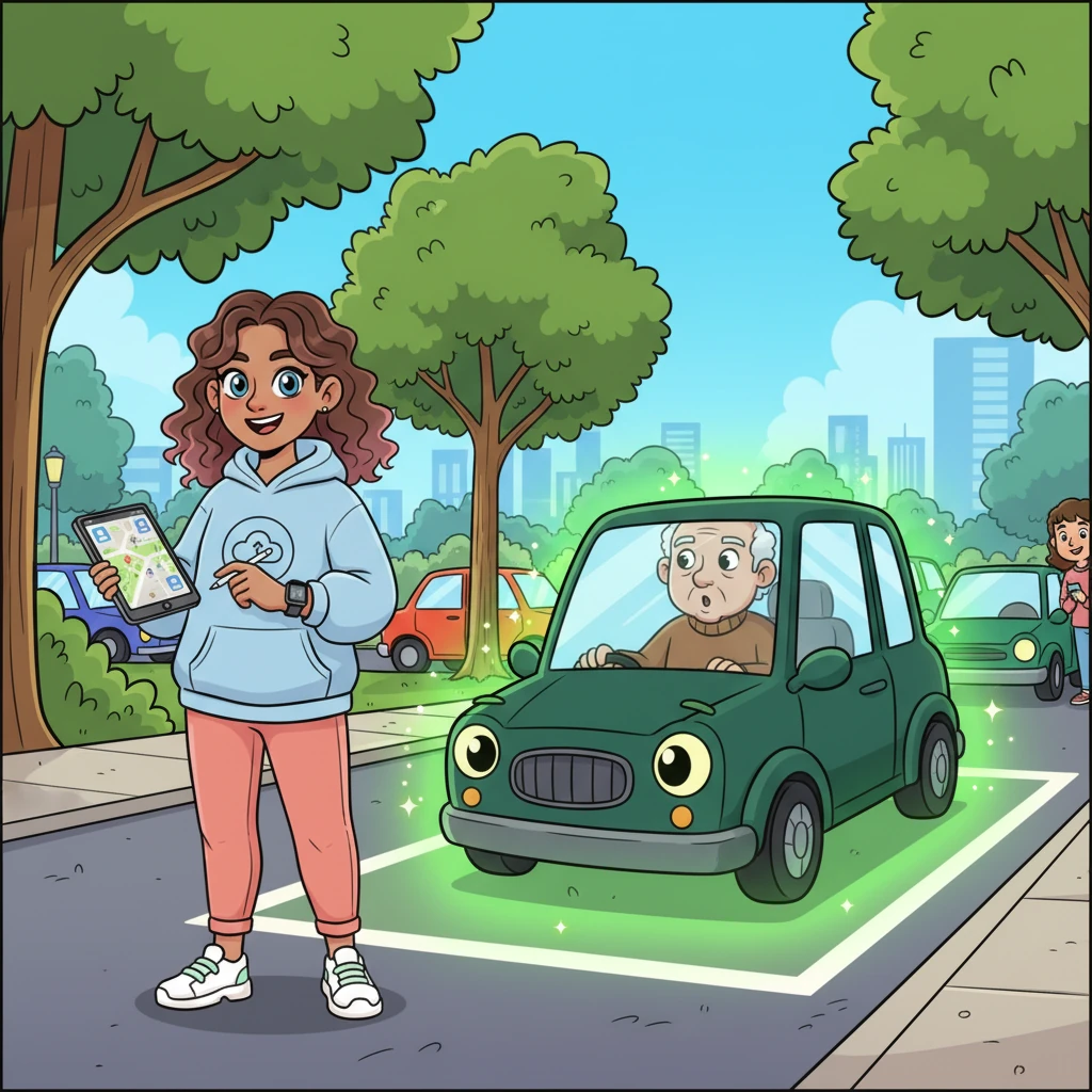 On the ParkWise Pal's map, a tiny, cartoon version of Mr. Grumple's car zipped along the sparkly path. It parked perfectly in a spot that glowed bright green, winking at them. Everyone watched in awe as the real Mr. Grumple smoothly pulled into the very same spot, his car fitting like a glove. It was like magic!