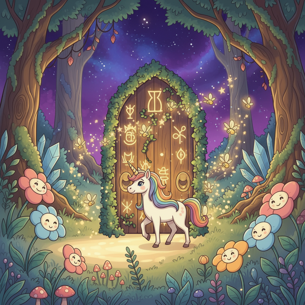 Luminosa, incuriosita, si avvicinò a una porta magica di legno coperta di edera. Simboli misteriosi brillavano sulla sua superficie, emanando una luce dorata. Il cielo sopra di lei era un magnifico spettacolo di viola e blu notte.