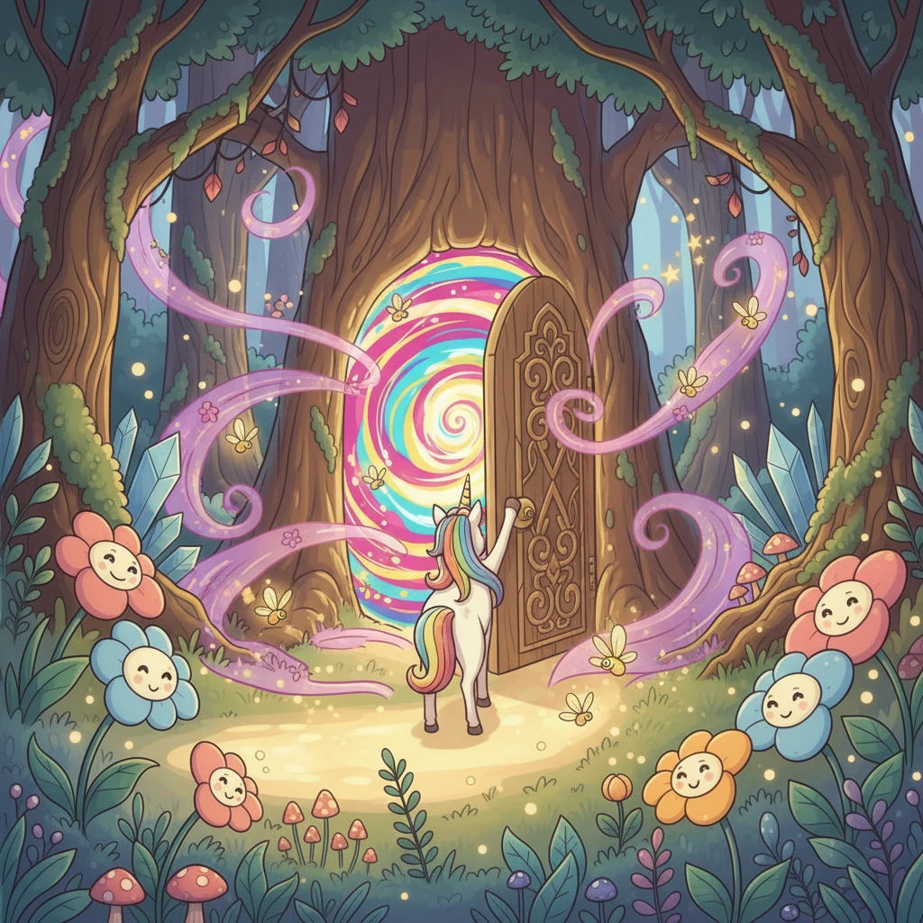 Con un piccolo zoccolo, Luminosa spinse la porta. Si aprì lentamente, rivelando un vortice di luce e colori. Un profumo dolce di fiori esotici la inebriava, invitandola a entrare.