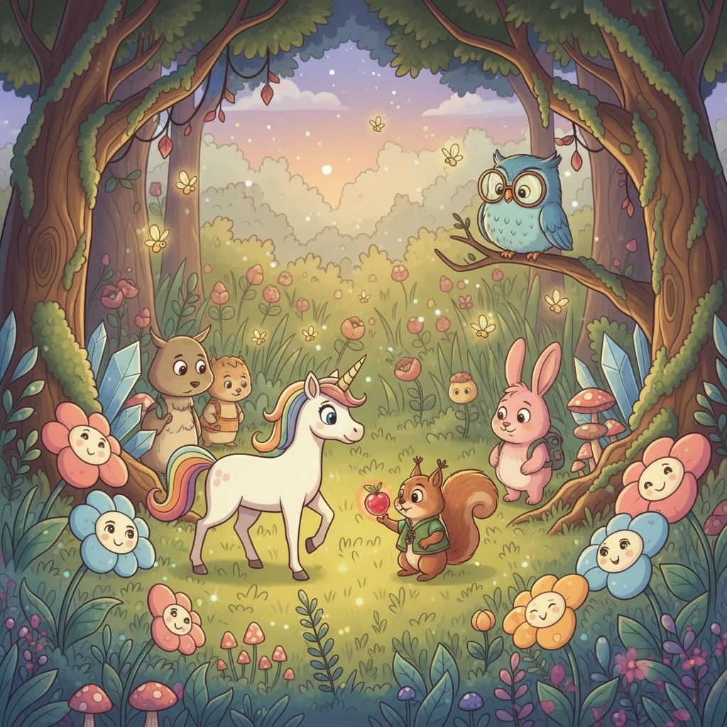 Oltre la porta, Luminosa si ritrovò in un prato fiorito, mai visto prima. Strani animali parlanti la guardarono con occhi curiosi. Un piccolo scoiattolo le porse una bacca luccicante.