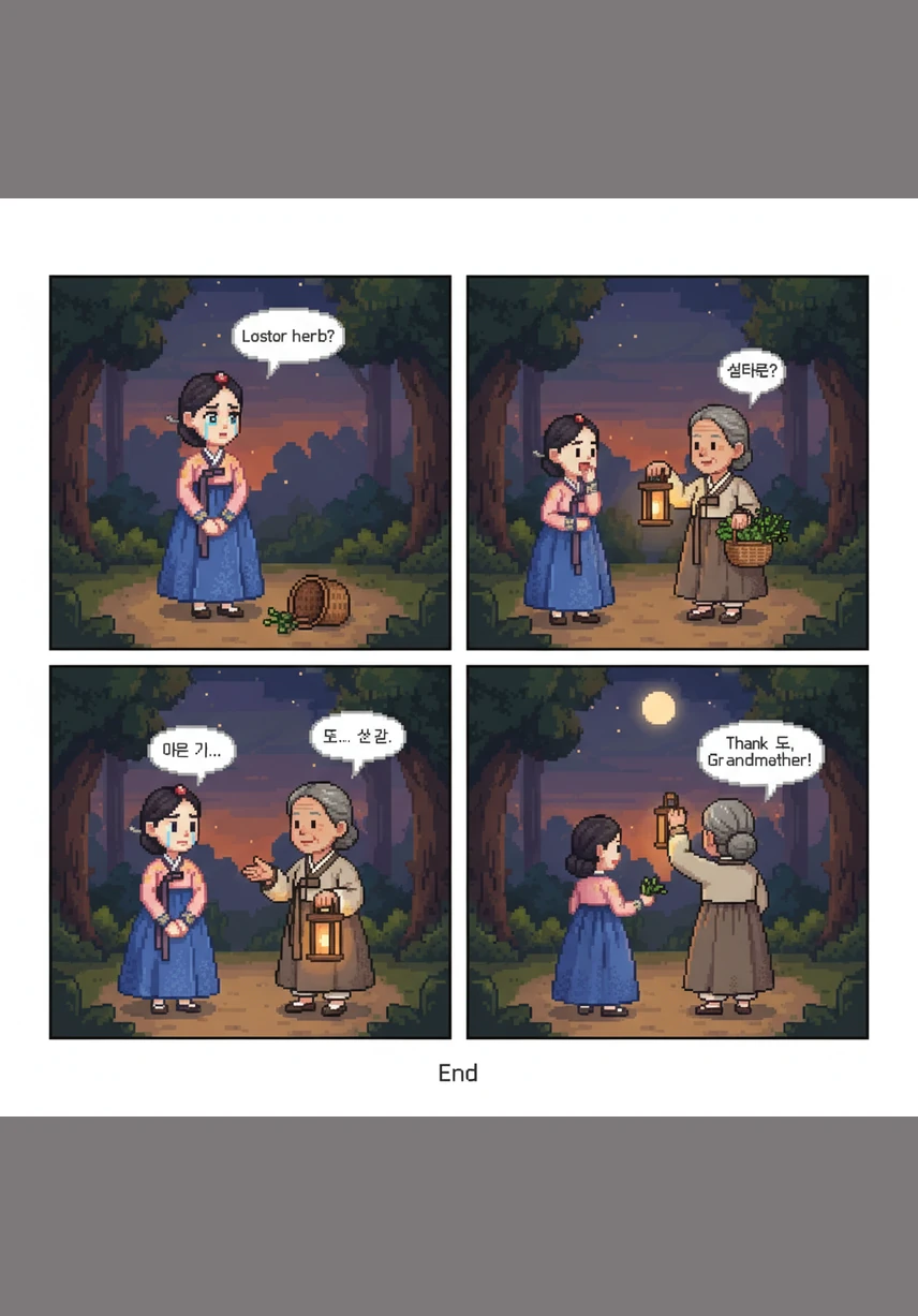 Lady Yeon-hwa, dressed in a vibrant silk Hanbok of pale pink and deep blue, walks gracefully through a sun-drenched forest. The morning light catches the golden embroidery on her sleeves as she enjoys the peaceful morning air.