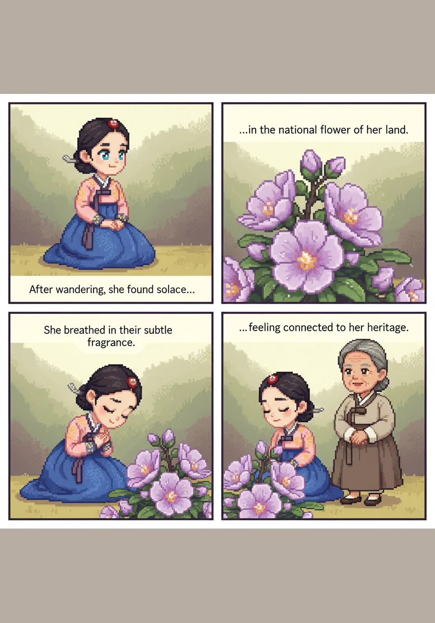 She pauses before a cluster of blooming Mugunghwa flowers, their petals a delicate shade of violet and white. She leans in to breathe in their subtle fragrance, feeling a deep connection to the beauty of her land.