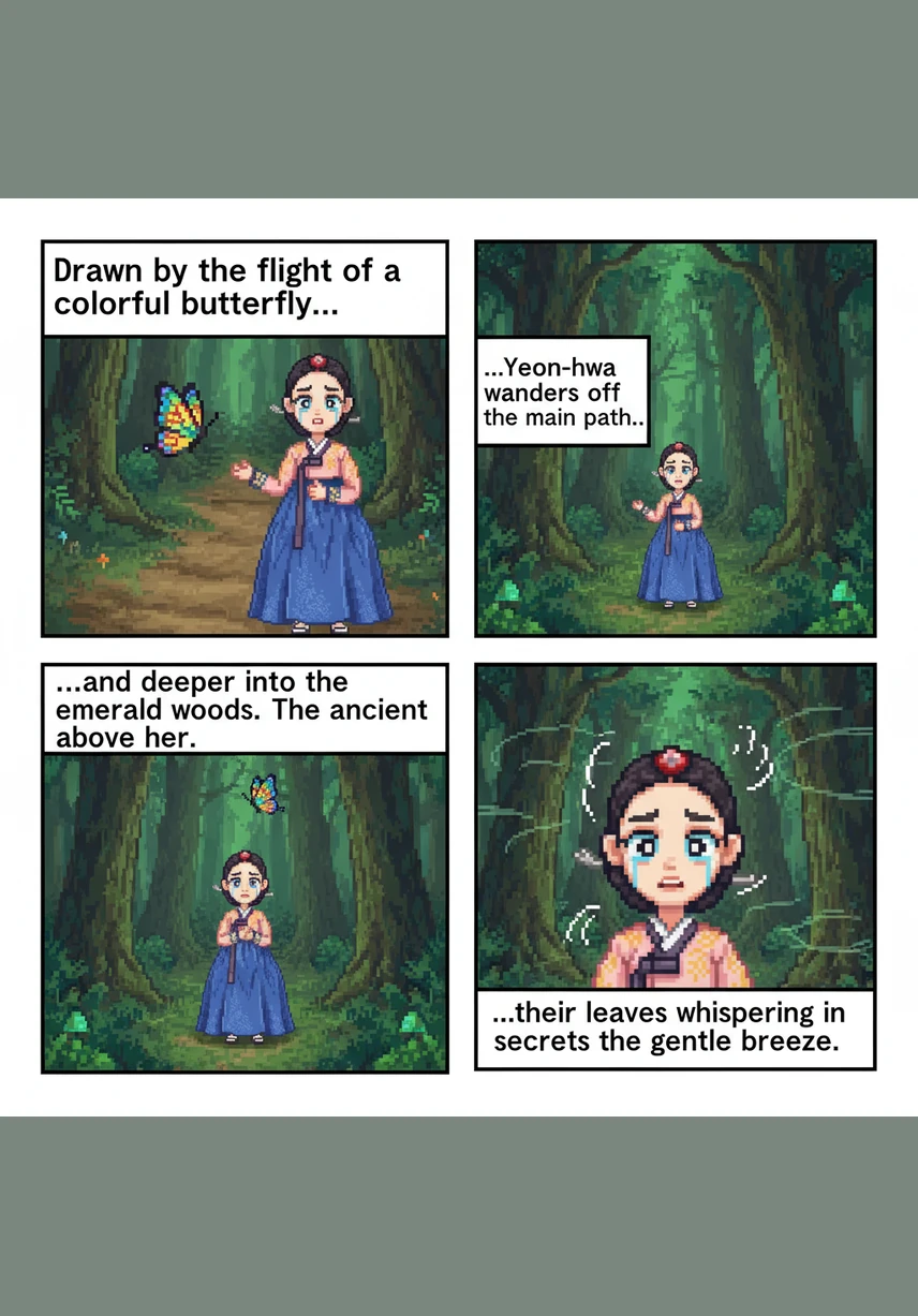 Drawn by the flight of a colorful butterfly, Yeon-hwa wanders off the main path and deeper into the emerald woods. The ancient trees tower above her, their leaves whispering secrets in the gentle breeze.