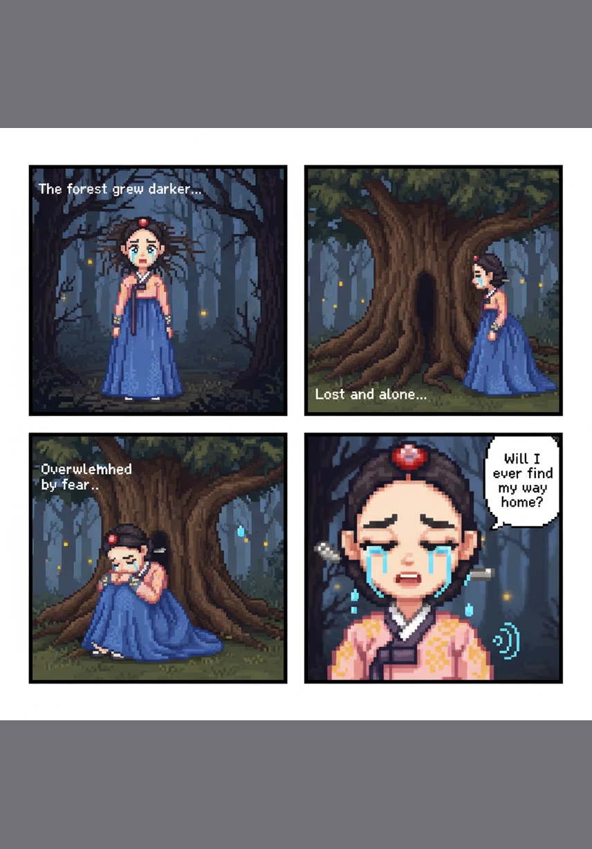 Overwhelmed by fear and exhaustion, the noblewoman sits at the foot of a giant oak tree and begins to weep. Her tears fall onto her beautiful silk dress as she wonders if she will ever find her way home.