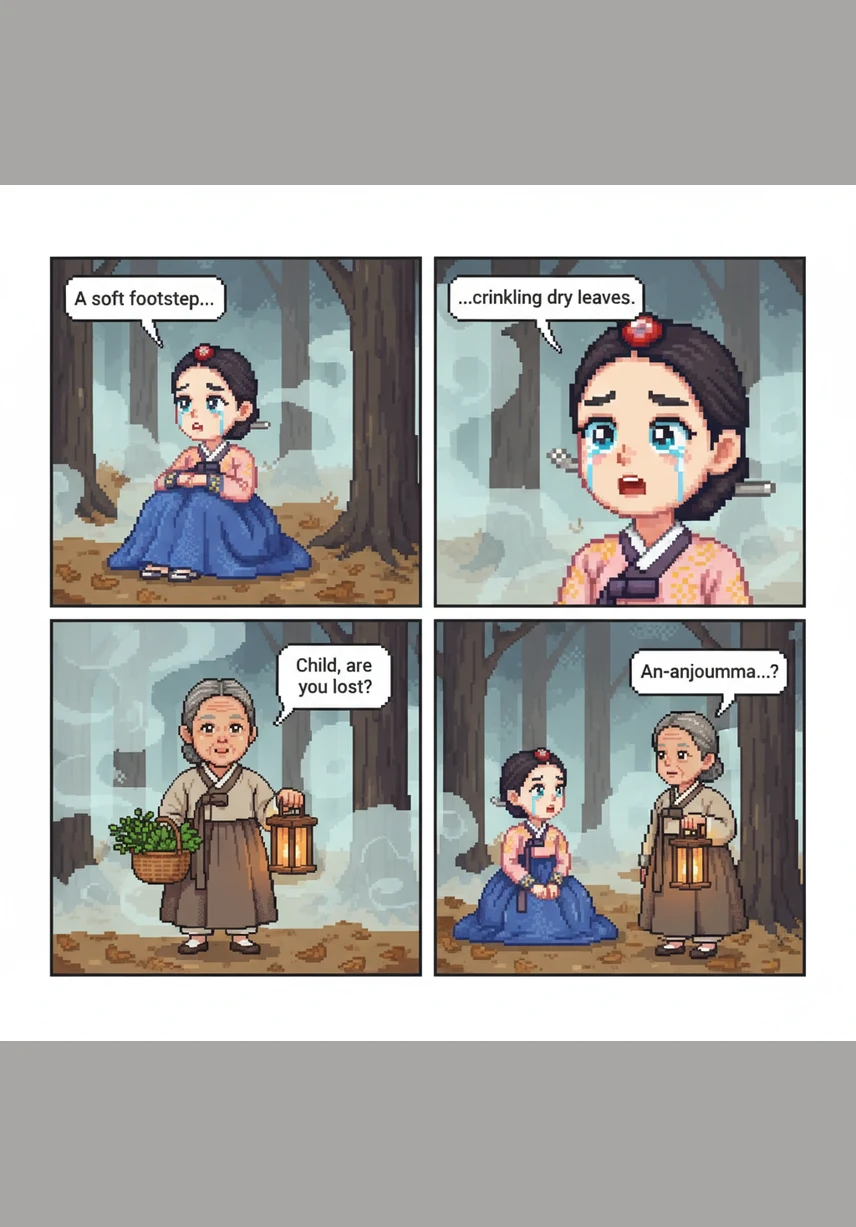 Suddenly, the sound of a soft footstep on dry leaves makes her look up in surprise. An elderly woman with a gentle face and a basket of forest herbs emerges from the gathering mist.