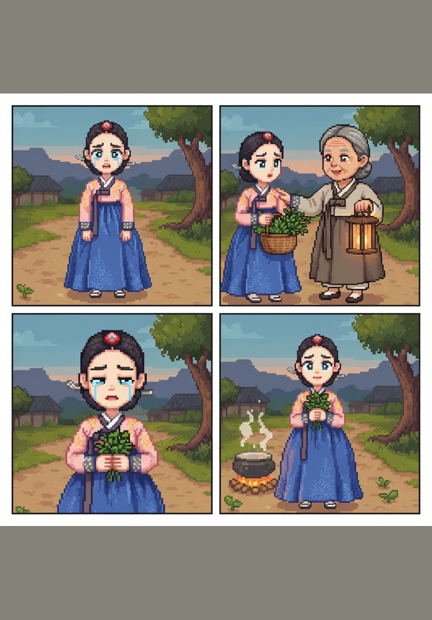 The old woman kneels beside her and offers a warm, comforting smile that reaches her eyes. She tells Yeon-hwa not to cry and explains that the forest only hides the way from those who are afraid.