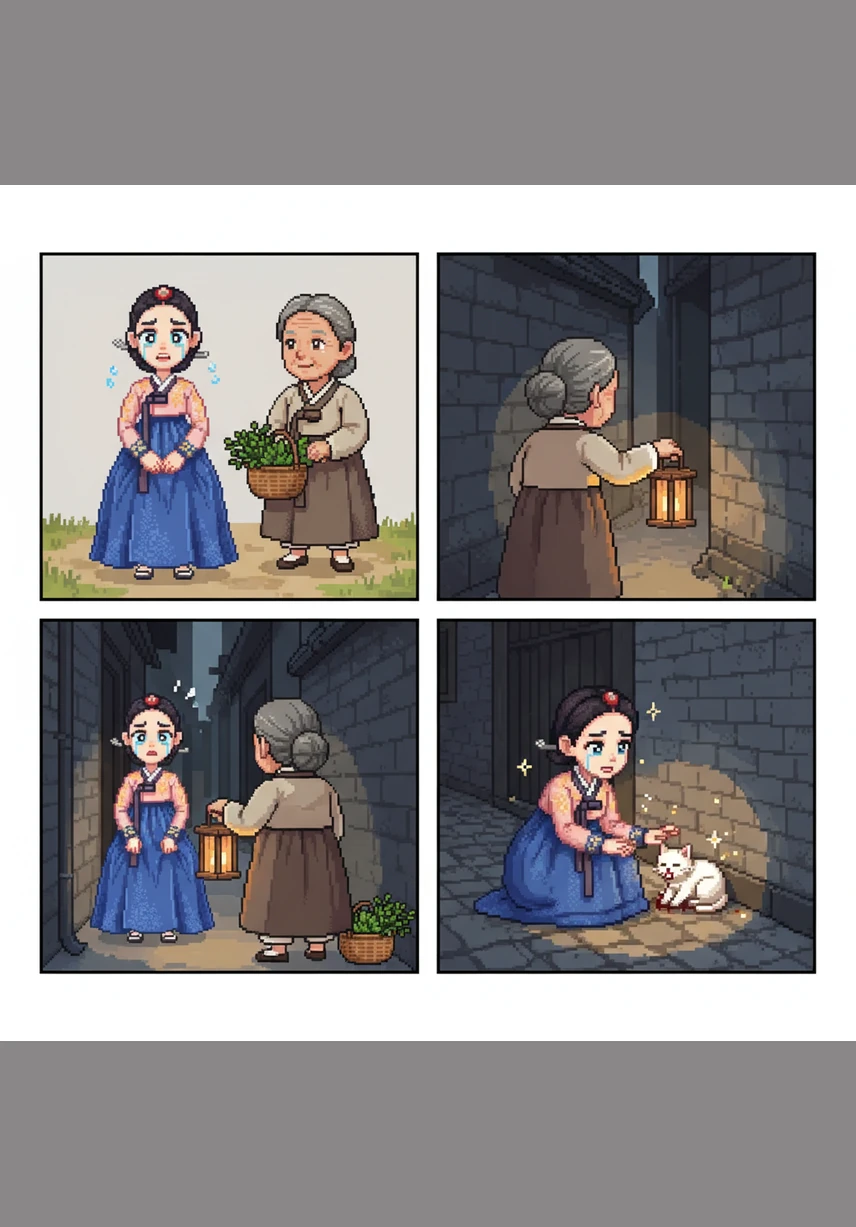 Taking Yeon-hwa's hand in her own, the old woman guides her through a hidden path covered in soft moss. She moves with the confidence of someone who has lived among these trees for a lifetime, leading the way with a steady lantern.