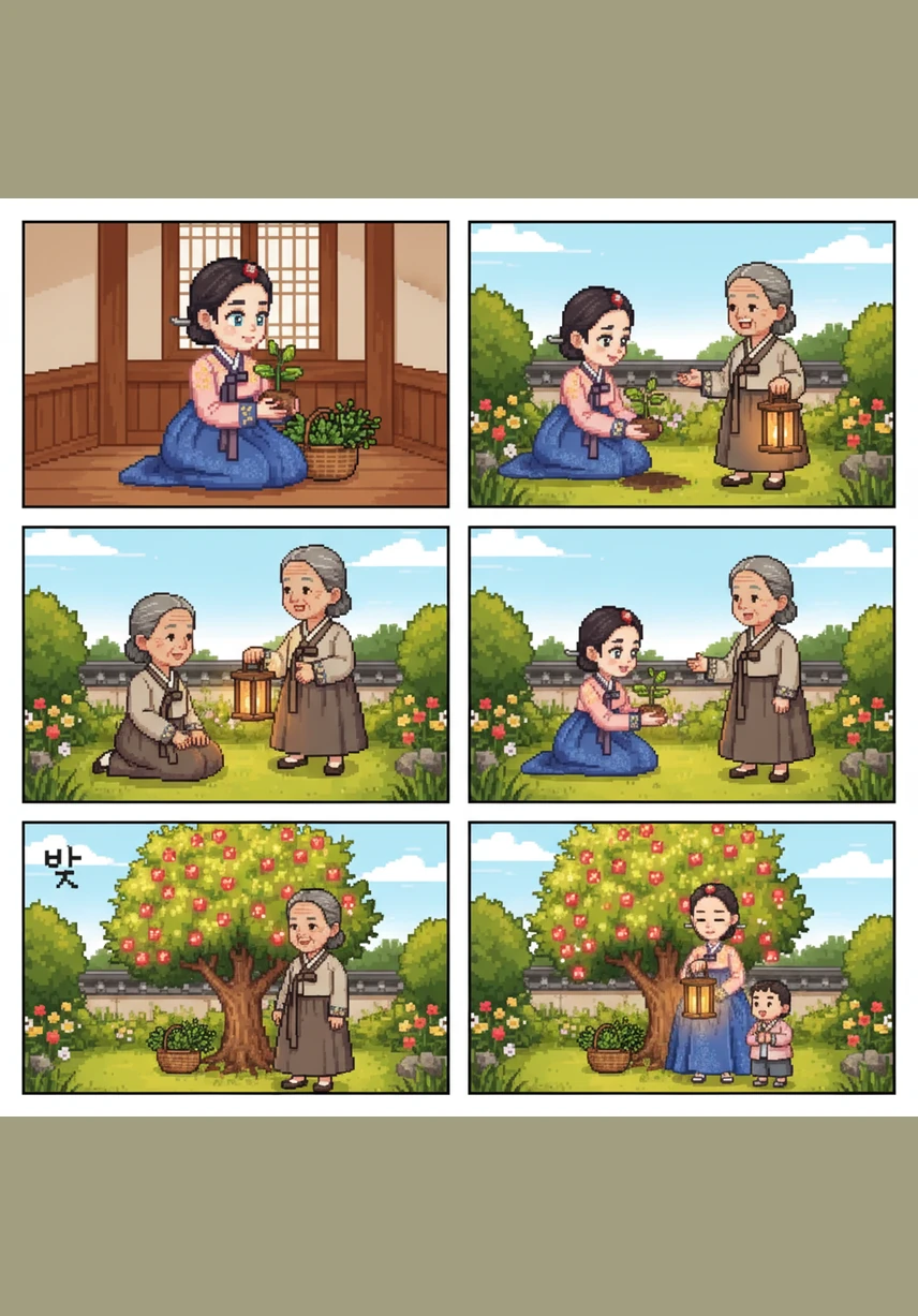 They reach the edge of the forest just as the village lanterns begin to glow in the twilight. Yeon-hwa bows low in gratitude, but when she looks up, the mysterious woman has already vanished back into the shadows of the trees.