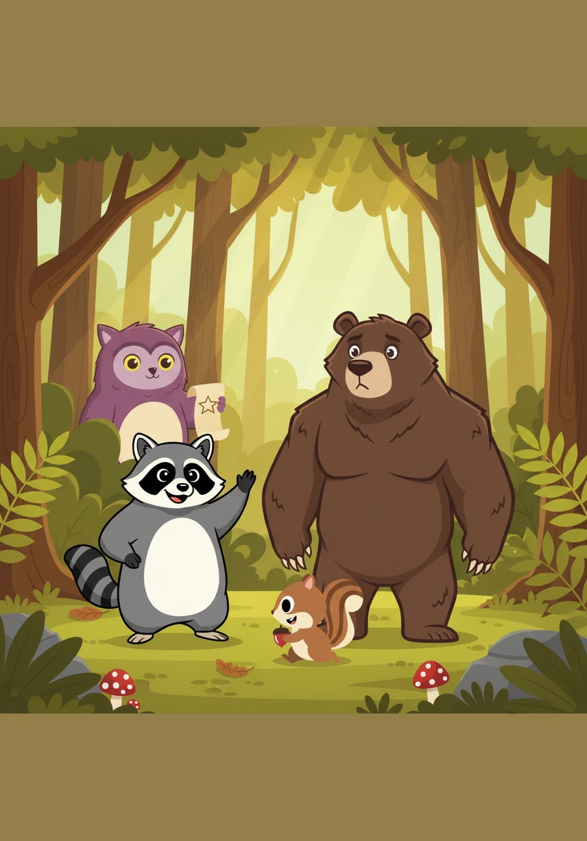 Benny the raccoon and Pip the squirrel stand in a sun-drenched, vibrant forest filled with towering, ancient trees. Benny looks eager for excitement while Pip, a tiny squirrel, watches him with a slightly skeptical but clever expression.