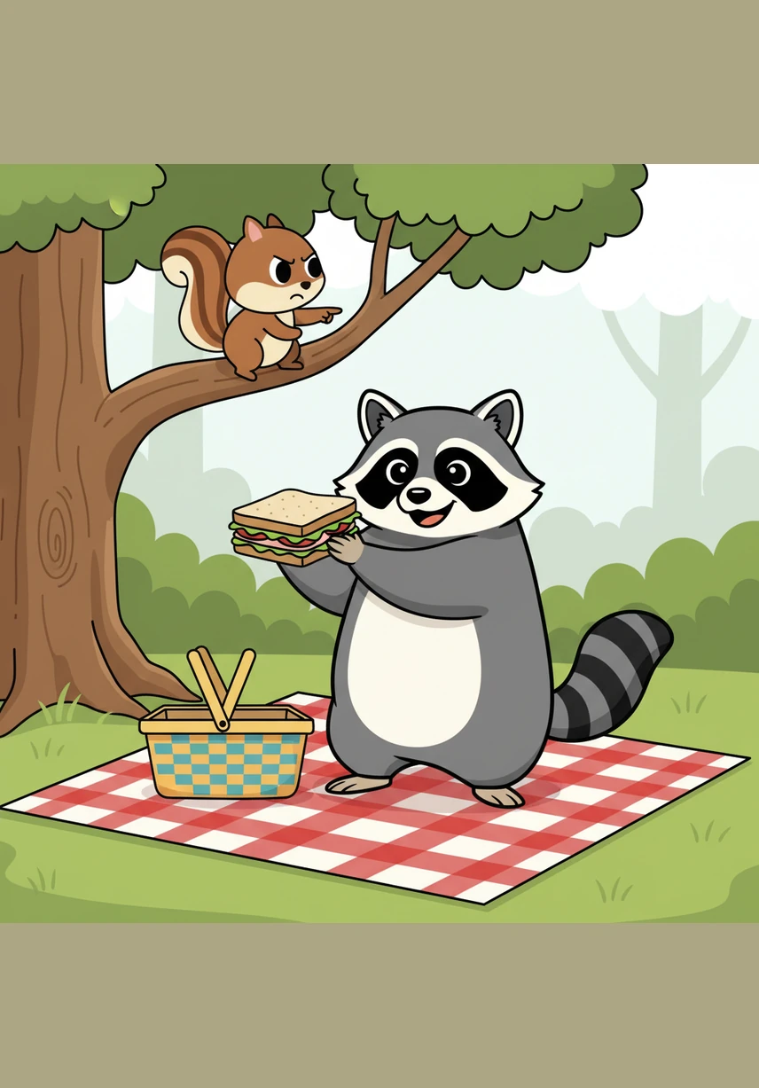 Benny finds a colorful picnic basket left on a checkered blanket and pulls out a large, delicious-looking sandwich. Pip watches from a nearby branch, scolding him with a pointed finger as Benny proudly holds his prize.