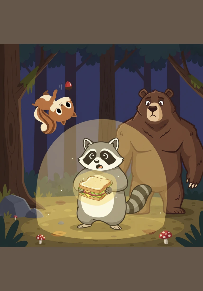 The sandwich in Benny's paws suddenly emits a soft, golden glow that illuminates the forest floor. Benny’s eyes widen in shock and Pip tumbles backward off his branch in pure surprise as the sandwich begins to speak.