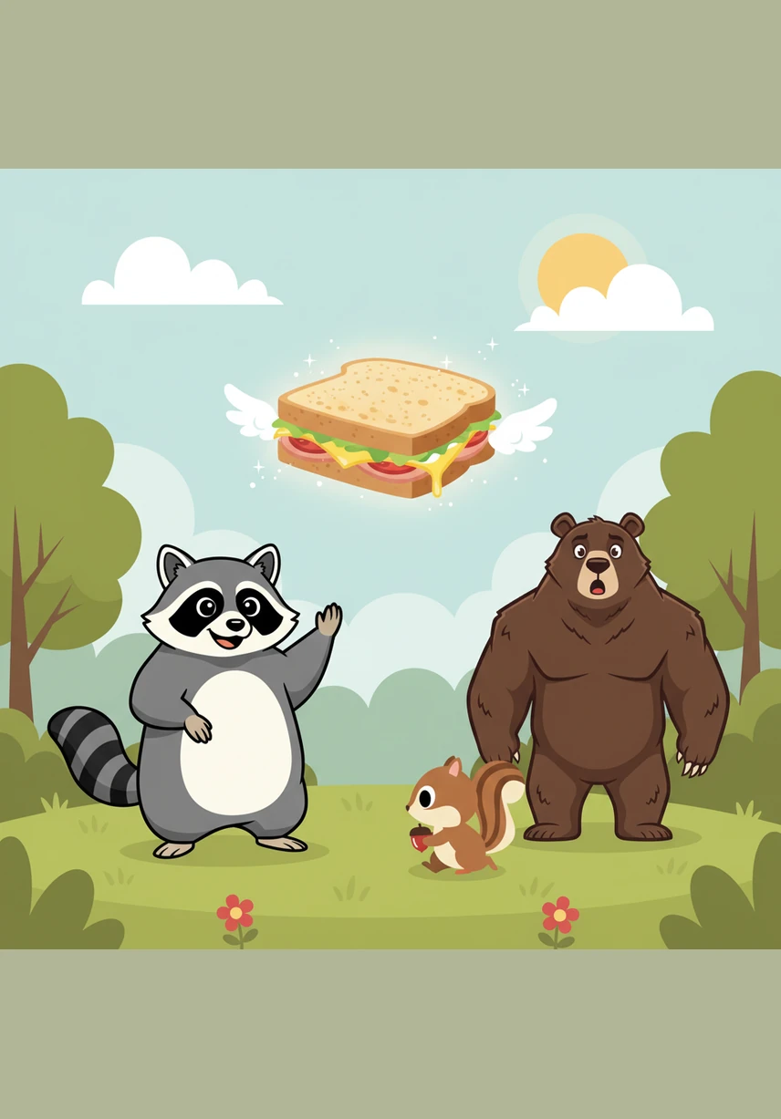 The magical Flying Sandwich hovers in the air, glowing brightly as it tells the two friends about a hidden snack treasure. Benny’s face lights up with dreams of food while Pip listens intently to the sandwich's deep, dramatic instructions.