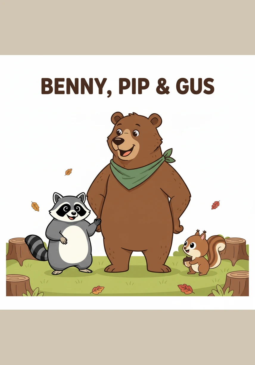 The duo meets Gus, a large and friendly brown bear with a curious expression, standing among the wildflowers. When Benny mentions a treasure made of snacks, Gus’s eyes go wide with excitement, and he joins the group with a happy roar.