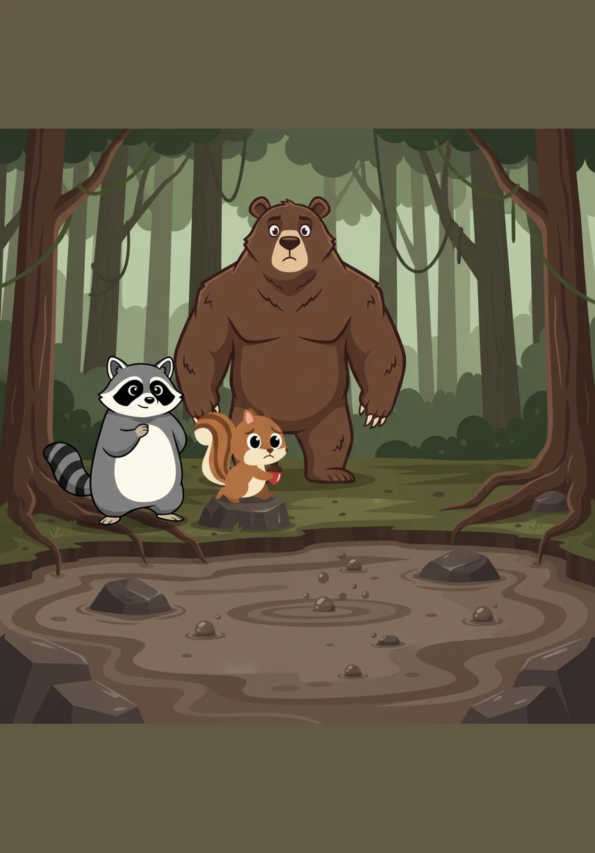 The group arrives at the edge of a vast, bubbling muddy swamp that blocks their path through the thick woods. Pip looks worriedly at the murky water while Benny tries to find a way across the slippery, wet ground.