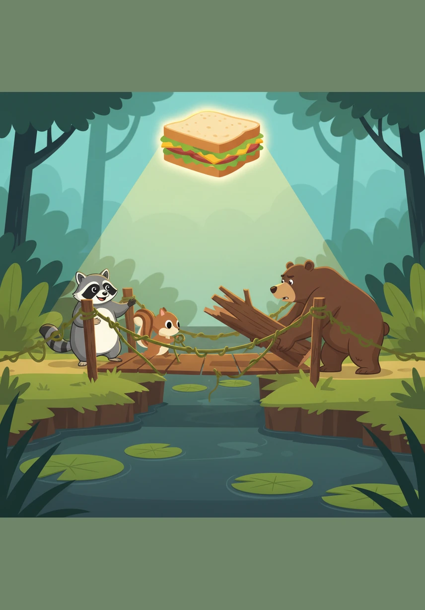 The Flying Sandwich glows brilliantly as the friends work together to build a bridge using vines and a fallen log. Pip ties the ropes tightly while Gus pushes a heavy wooden trunk across the swampy gap for Benny to walk on.