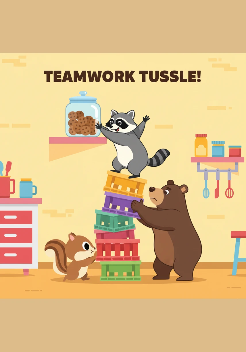 As Benny wobbles across the log, he nearly slips again, but Gus reaches out a giant, gentle paw to steady him. The team shows perfect coordination, helping each other stay safe as they finally reach the other side of the muddy obstacle.