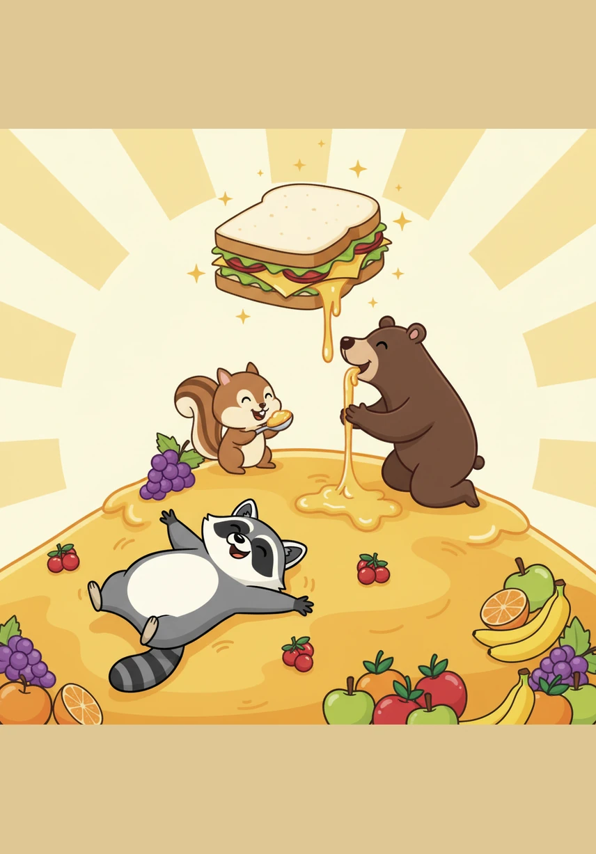 They reach a sunlit hill overflowing with golden honey, bright red berries, and piles of fresh fruit. Benny faints with joy, Gus starts munching on honey, and the Flying Sandwich floats above them, celebrating their successful friendship adventure.