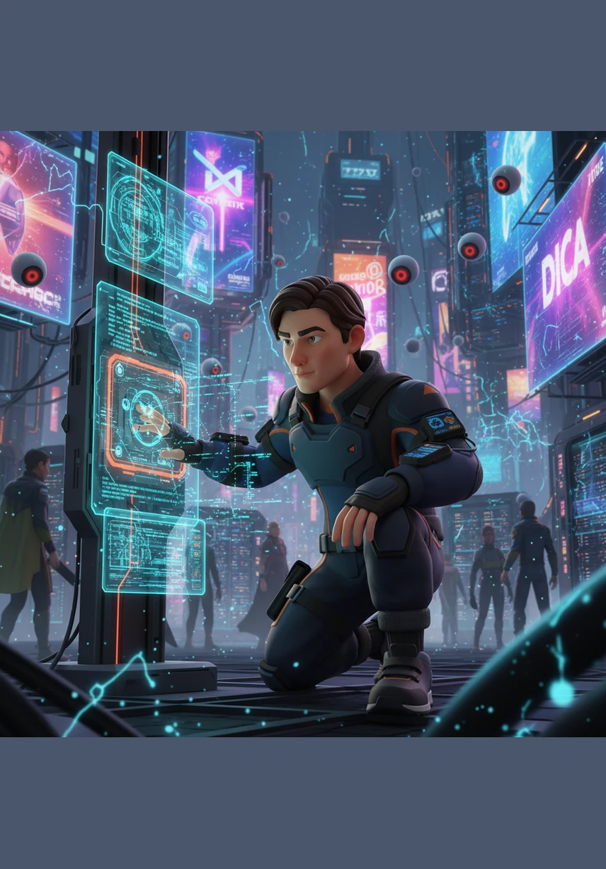 In the glowing heart of Neo Virelia, Jaxen navigates a labyrinth of holographic advertisements and neon-lit data centers. AI surveillance eyes follow his every move as he interfaces with a terminal to bypass the district's cyber infrastructure. The air crackles with digital energy in this high-tech playground where hackers and corporations fight a silent war.