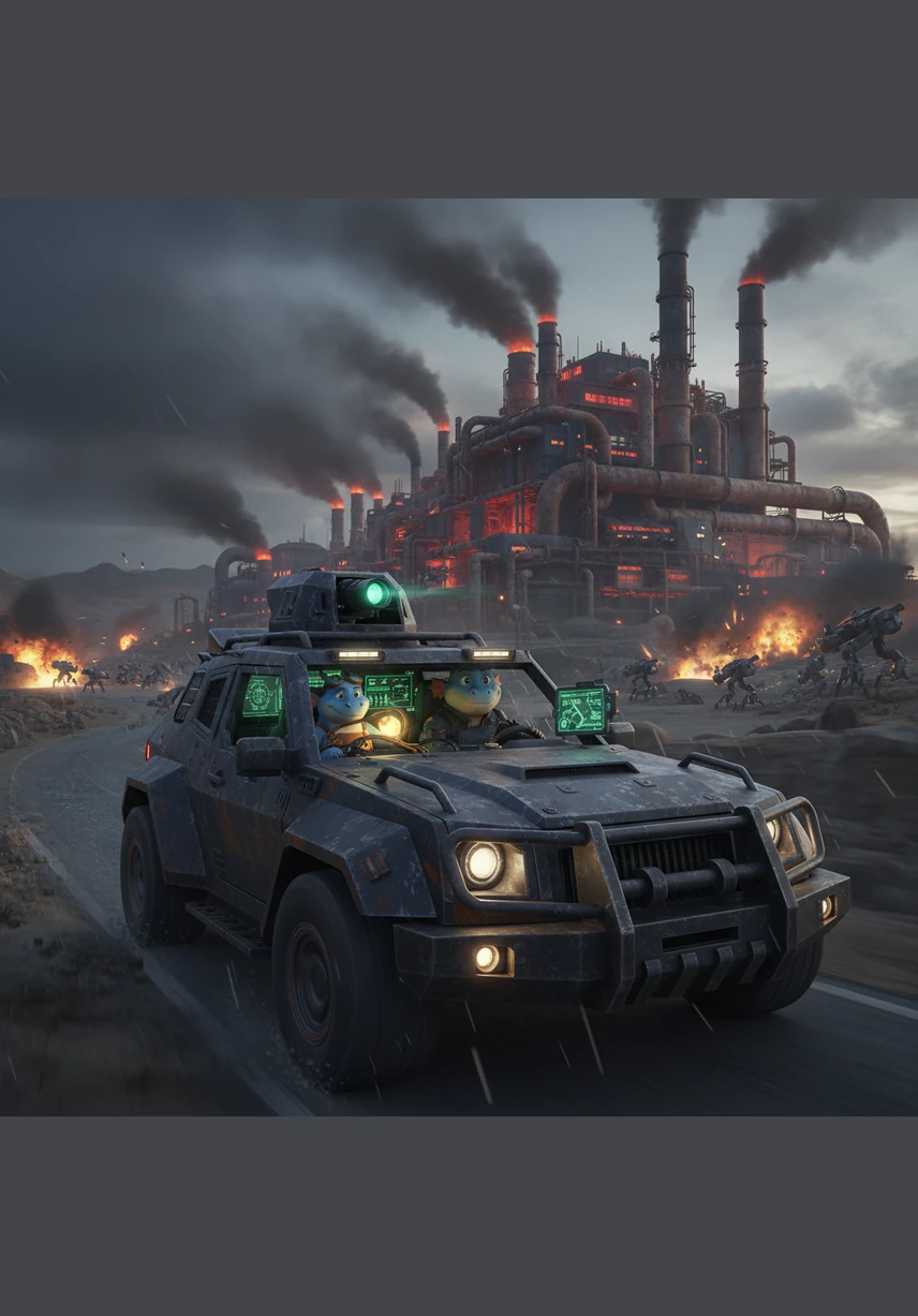 Jaxen drives his customized armored car through the industrial wasteland of Iron Virelia, dodging plumes of toxic smoke. Abandoned factories and rusted machinery provide cover for underground fighting arenas and gang hideouts. The heavy thud of machinery echoes through the desolate landscape as he prepares for a meeting with a rogue militia leader.