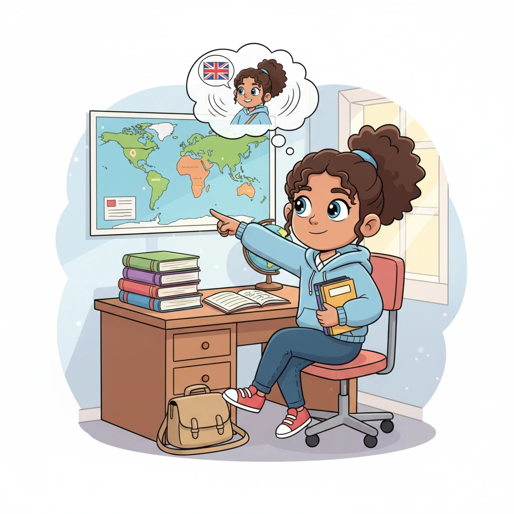 Lily sits at her desk, surrounded by textbooks and a world map. Her eyes sparkle with curiosity as she points to English-speaking countries, a tiny thought bubble above her head showing her speaking fluent English. She looks a little overwhelmed but full of dreams.